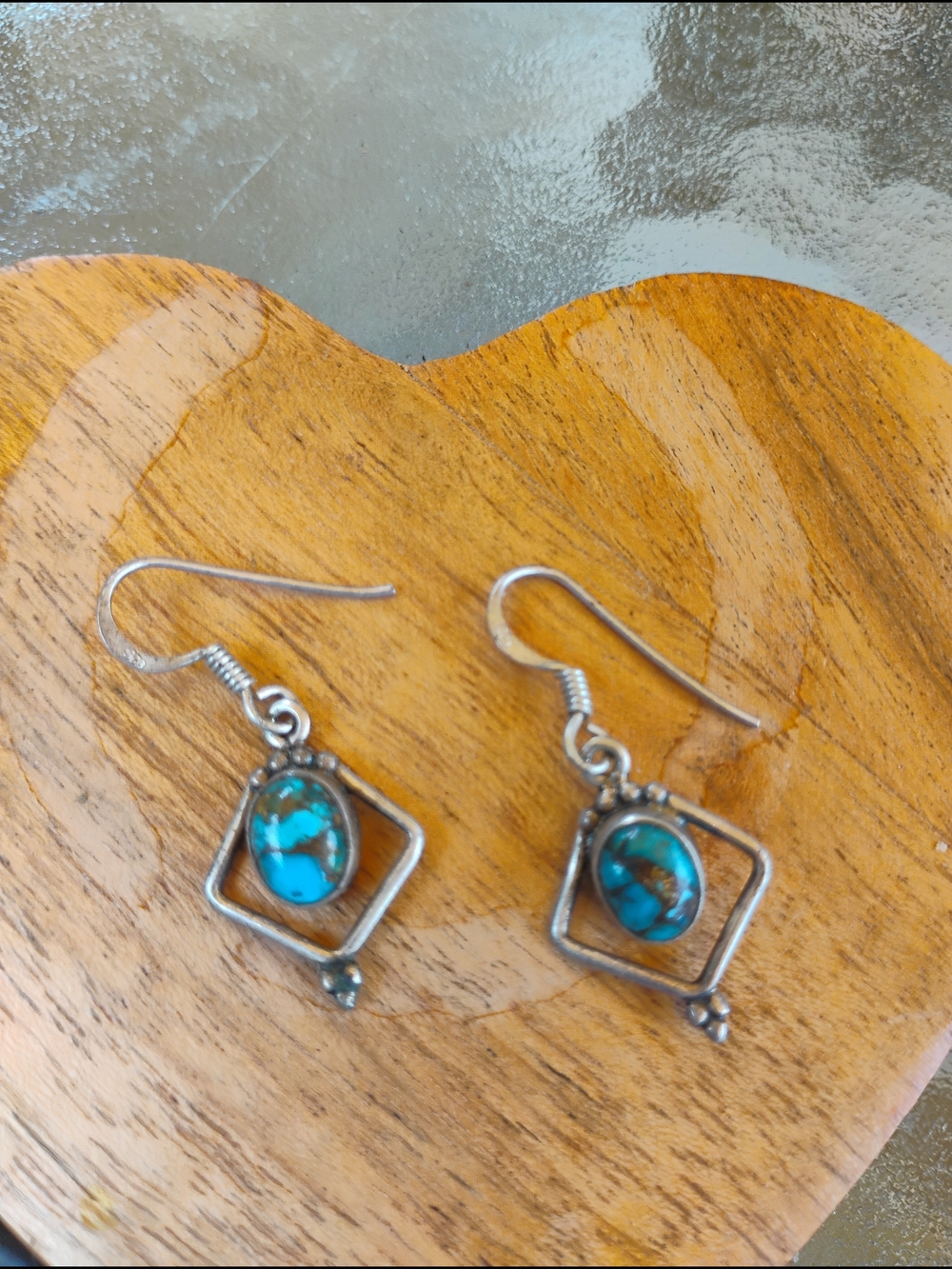 Turquoise Stone Dangle Earrings - Silver Frame